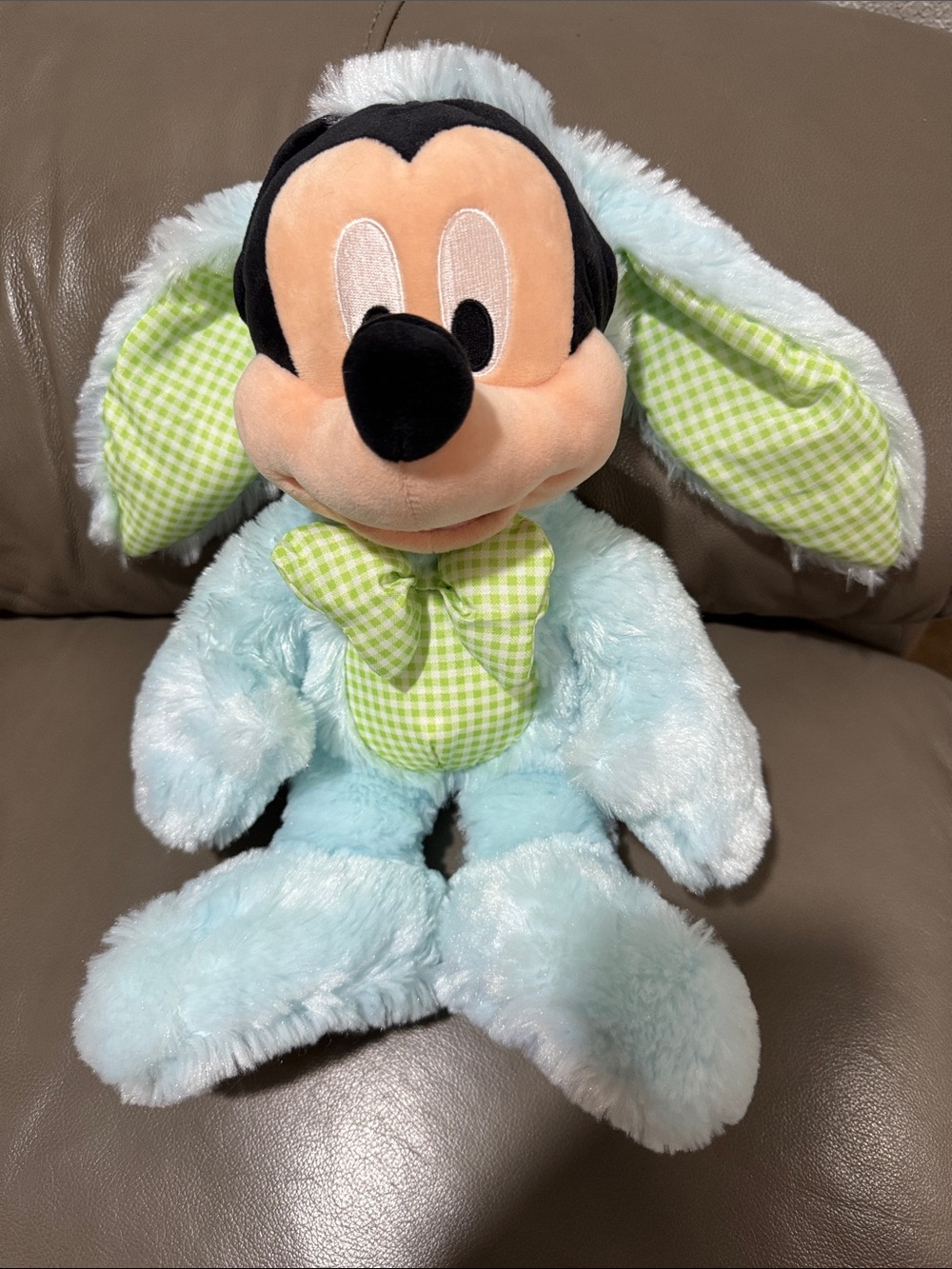 Disney Light Blue Mickey Bunny Plush with Green Gingham Accents